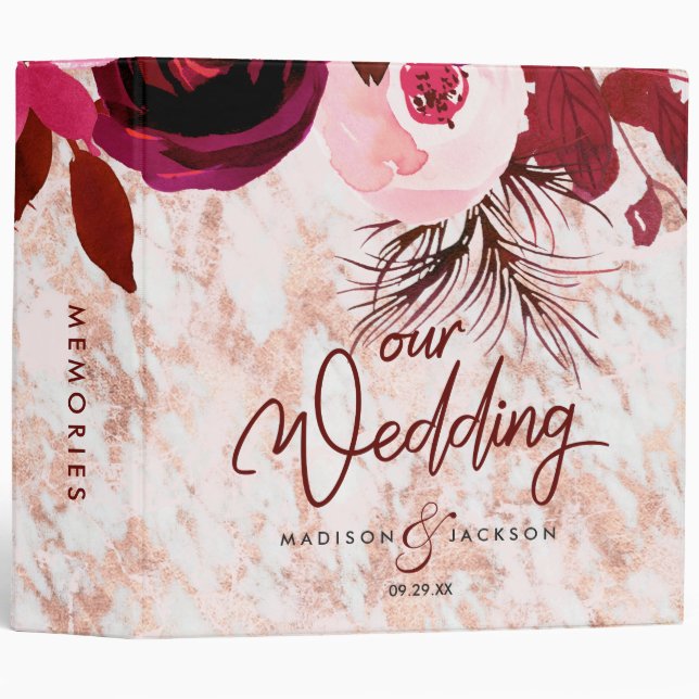 Classeur Burgundy Floral & Rose Gold Mariage Album photo (Devant/Côté)