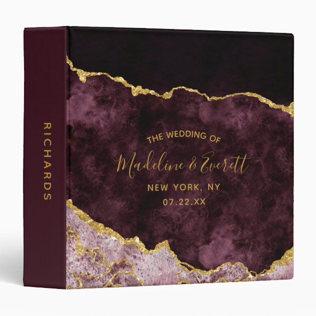Classeur Burgundy Gold Agate Marbre Mariage Album photo (Devant/Côté)