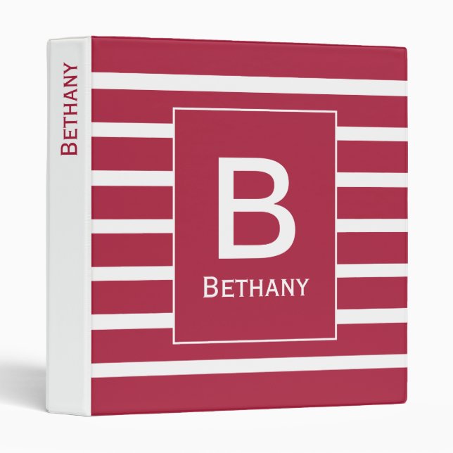 Classeur Burgundy Striped Stylish Monogram Personalised (Devant/Côté)