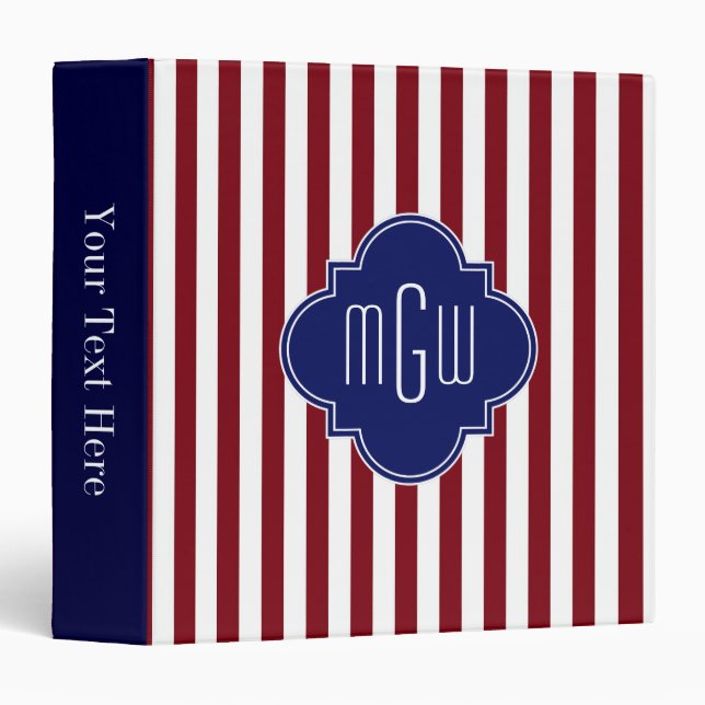 Classeur Burgundy White Stripe Navy Quatrefoil 3 Monogramme (Devant/Côté)
