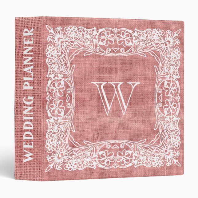 Classeur Burlap Monogramme Mariage Dentelle rouge ornementa (Devant/Côté)