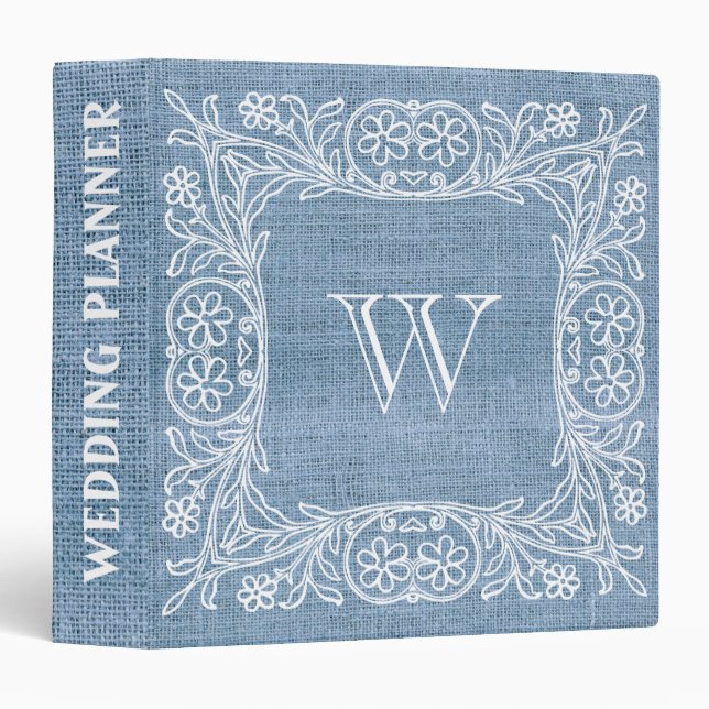 Classeur Burlap Rustique Faux Monogram dentelle Mariage (Devant/Côté)