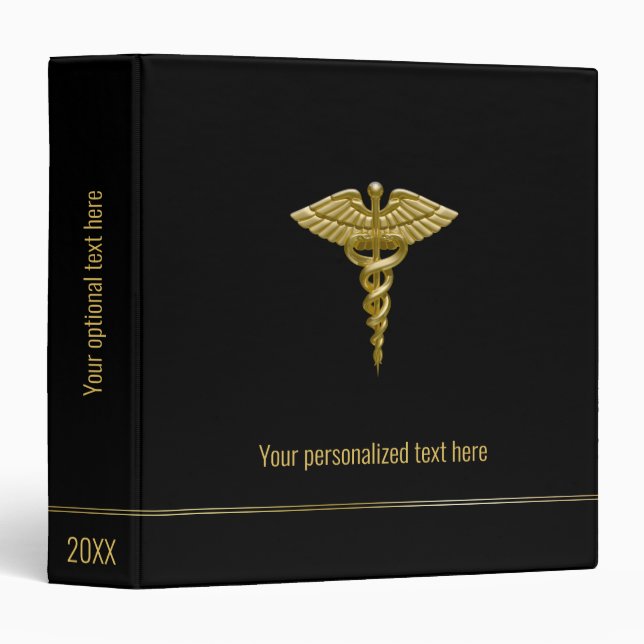 Classeur Caducée d'or Médicale sur noir (Devant/Côté)