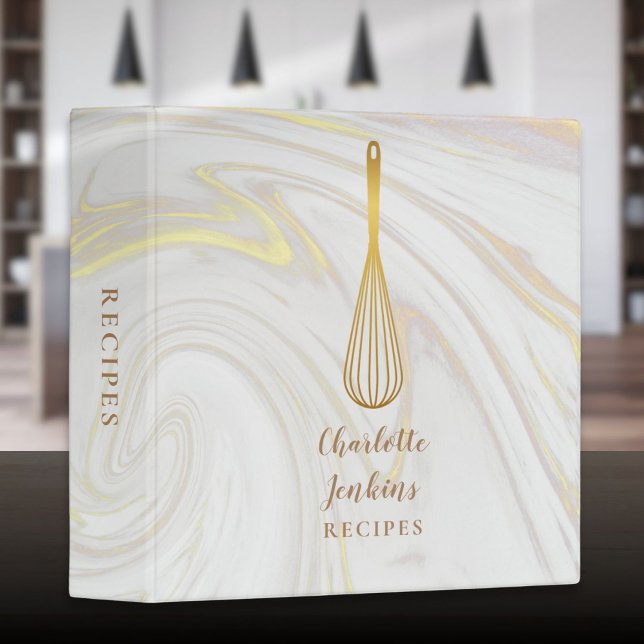 Classeur Cahier de recettes Élégantes en Or avec Tourbillon (Elegant Gold Whisk Marble Swirls Recipe 3 Ring Binder)