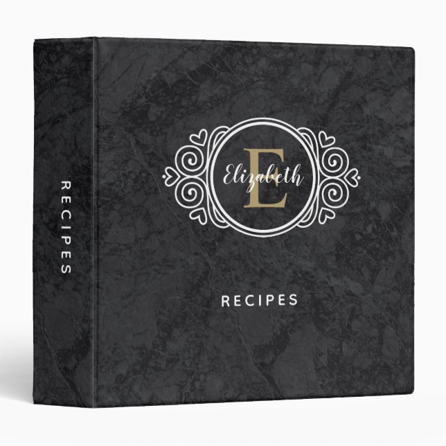 Classeur Cahier de recettes en marbre noir à monogramme élé (Devant/Côté)
