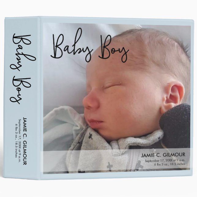 Classeur Cahier de souvenirs de bébé garçon bleu - Écriture (Devant/Côté)