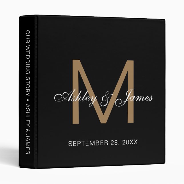 Classeur Calligraphie élégante à monogramme doré Mariage no (Devant/Côté)