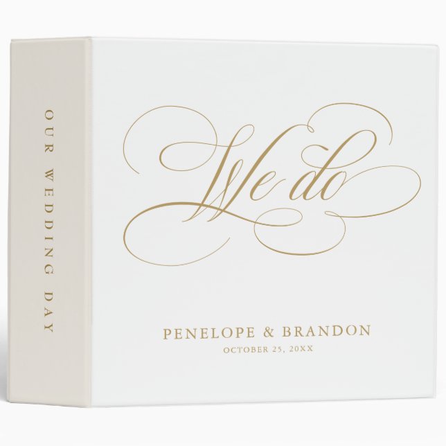 Classeur Calligraphie moderne or intemporel et mariage blan (Devant/Côté)