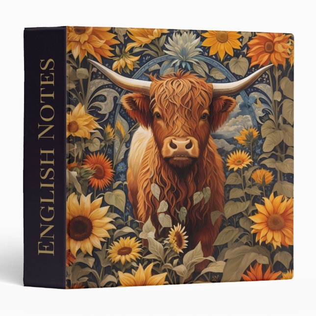 Classeur Campagne rustique Highland Cow Sunflowers (Devant/Côté)