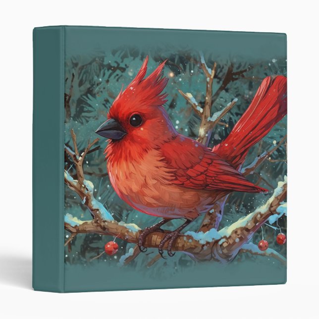 Classeur Cardinal rouge mignon avec baies rouges hivernales (Devant/Côté)