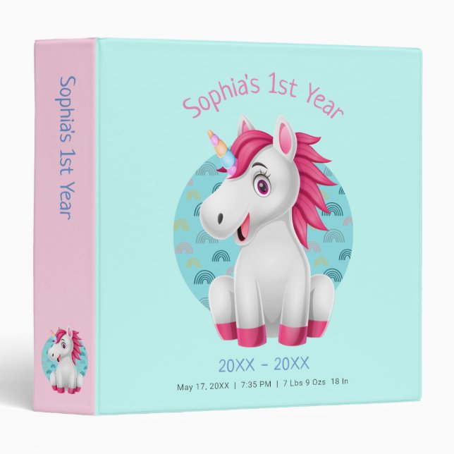 Classeur Caricature Unicorne mignonne, do-it-yourself Nom,  (Devant/Côté)