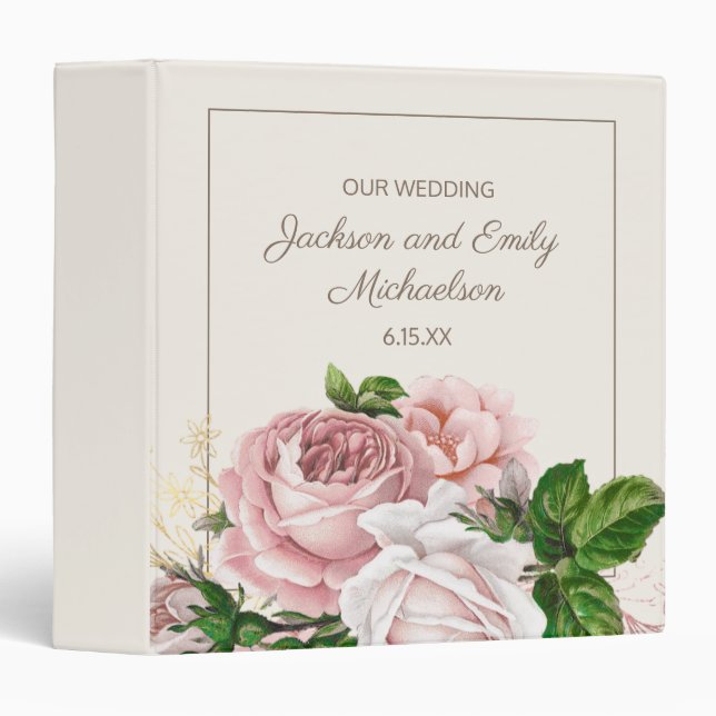 Classeur Carnet de Mariage de crème Roses Roses Roses Rose (Devant/Côté)