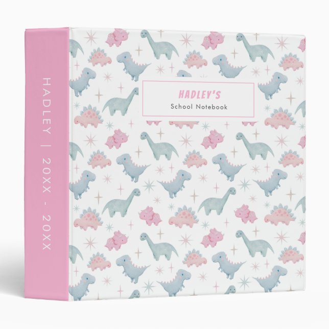 Classeur Carnet scolaire pour filles dinosaures roses (Devant/Côté)