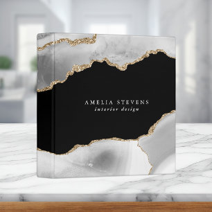 Classeur Carte de visite en agate noire, grise et or