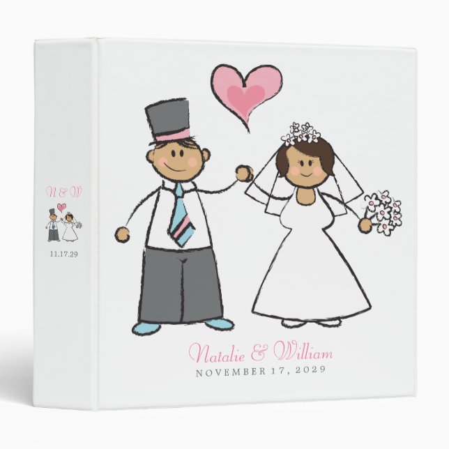 Classeur Cartoon Mariage Couple Mariée & Groom Coeur rose (Devant/Côté)