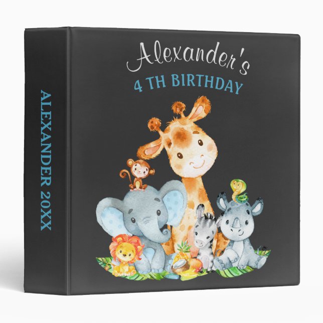 Classeur Chalkboard Aquarelle Jungle Animaux Anniversaire (Devant/Côté)