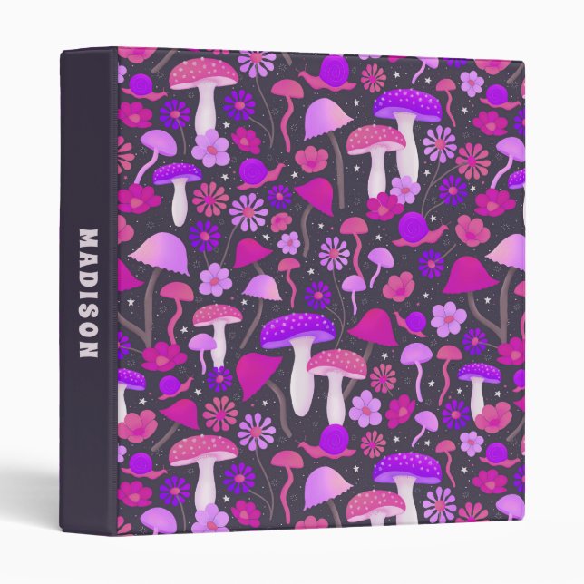 Classeur Champignons floraux Vibrant rose, violet et noir (Devant/Côté)