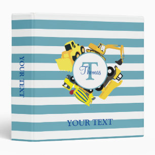 Classeur Chariots de construction Bleu rayures Monogramme