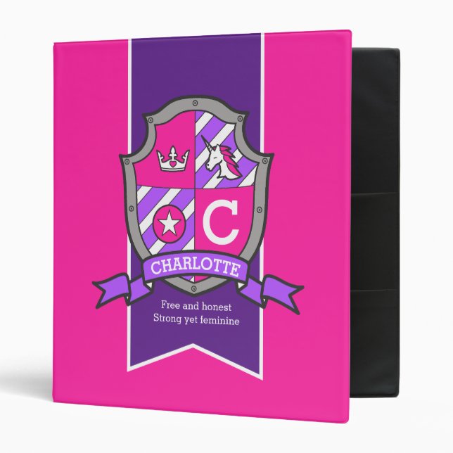 Classeur Charlotte nom signifiant crest unicorne rose viole (Devant/intérieur)