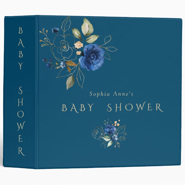 Classeur Charm Blue Gold Flowers Baby shower Album photo (Devant/Côté)