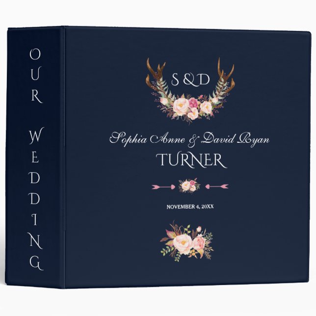 Classeur Charm Blush Floral Antlers Marine Mariage Album (Devant/Côté)