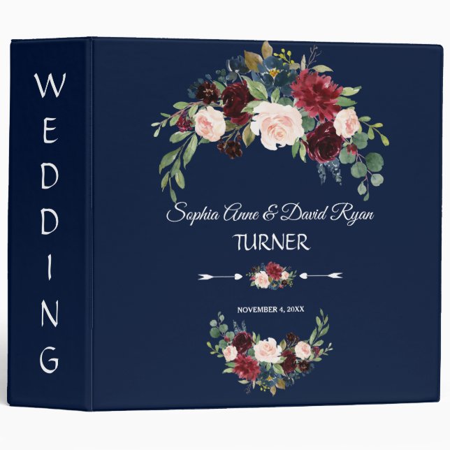 Classeur Charm Merlot Marine Bleu Blush Floral Wedding Albu (Devant/Côté)