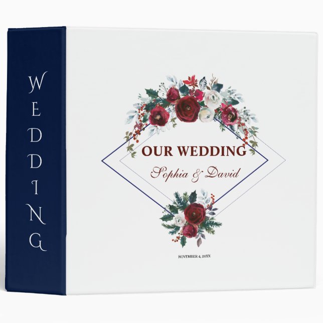 Classeur Charme Géométrique Bourgogne Floral Navy Mariage A (Devant/Côté)