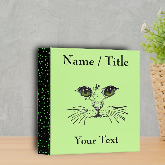 Classeur Chat Face Vert Yeux Whiskers (Cat face green eyes whiskers green polka dots on light green binder.)