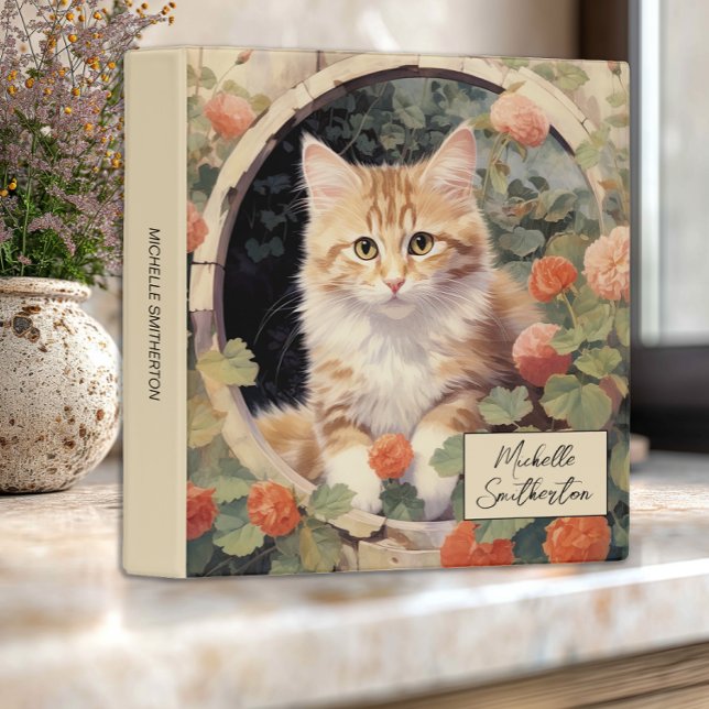 Classeur Chat Jaune Fleurs Roses Monogramme Nom Aquarelle (Cute yellow cat custom monogram binder for home, school, or office. Use for recipes or photos)