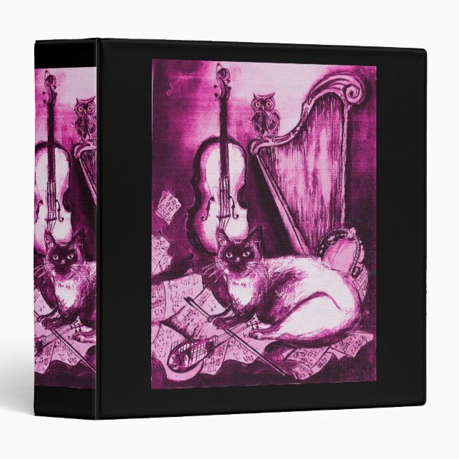 Classeur CHAT MUSICAL, Fuchsia violette et blanc, noir (Devant/Côté)