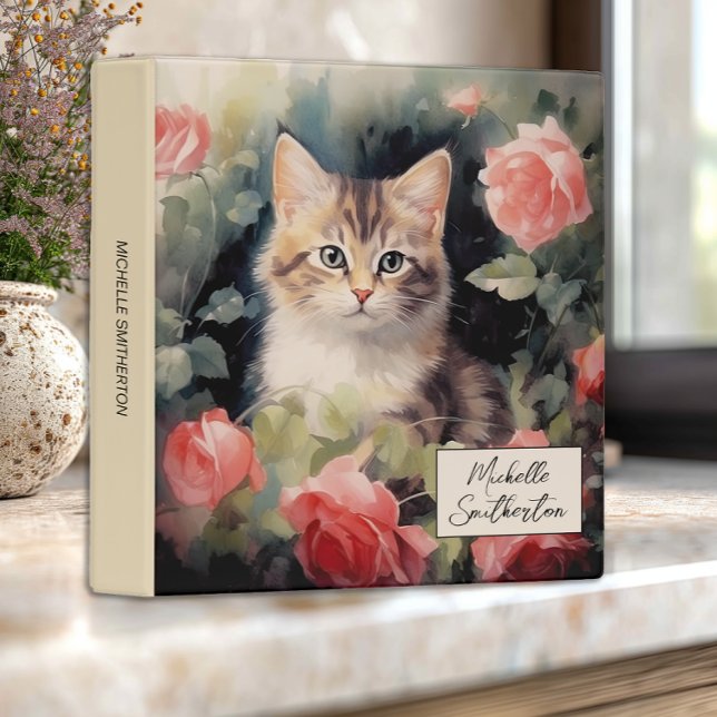 Classeur Chat Petit Chat Roses Roses Aquarelle Monogramme N (Cute gray kitten and pink roses custom monogram notebook)