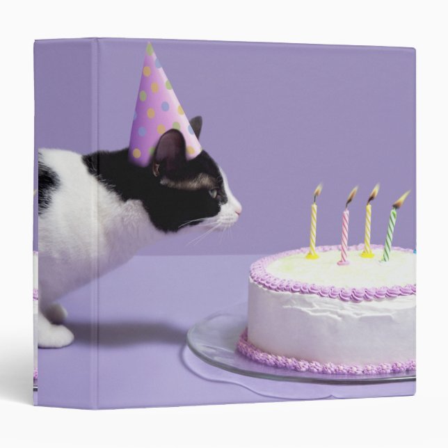 Classeur Chat portant un casquette d'anniversaire soufflant (Devant/Côté)
