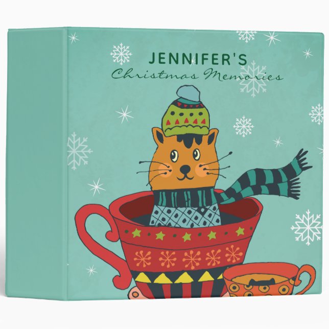 Classeur Chat Whimsical assis dans un thé Noël (Devant/Côté)