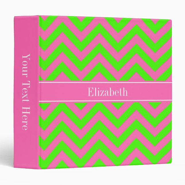 Classeur Chaud rose #2 Lime Green LG Chevron Nom Monogramme (Devant/Côté)