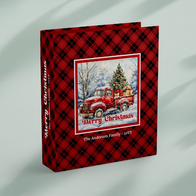 Classeur Cheerful red truck Christmas scene rustic tartan  (Cheerful red truck Christmas scene rustic tartan binder art

)