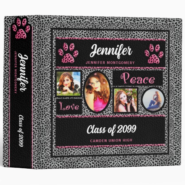Classeur Cheetah rose et argent Imprimer Photo Paw School (Devant/Côté)