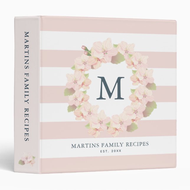 Classeur Cherry Blossom Wreath Famille Monogramme Recette (Devant/Côté)