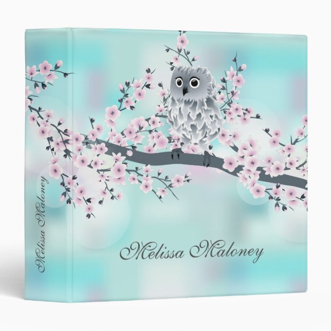 Classeur Cherry Blossoms Cute Owl Dusky Rose Turquoise Nom (Devant/Côté)