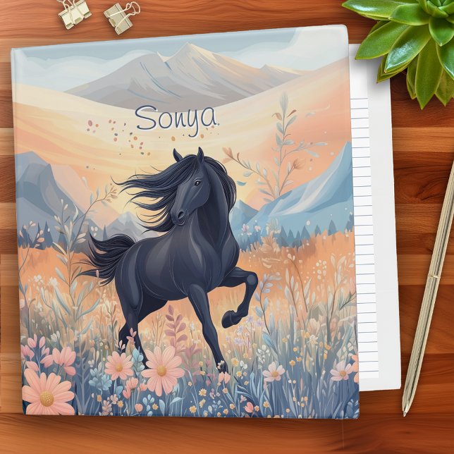 Classeur Cheval Noir Filles Fleur sauvage Rose Bleu Violet (Black Horse Girls Wildflower Pink Blue Purple Personalized 3 Ring Binder)