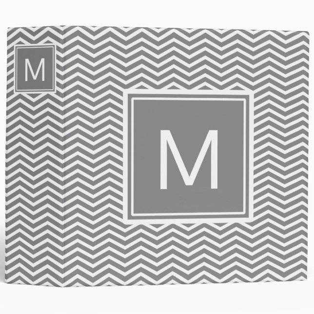 Classeur Chevrons gris et blancs modernes avec Monogramme (Devant/Côté)