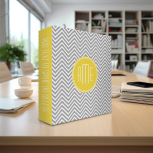 Classeur Chevrons gris et jaune Monogramme personnalisé