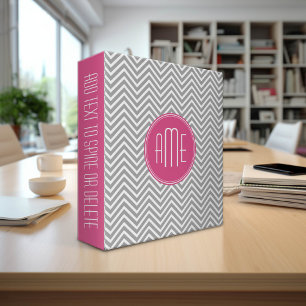 Classeur Chevrons gris et rose avec Monogramme personnalisé