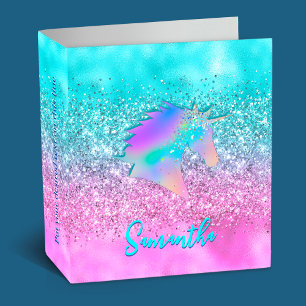 Classeur Chic Aqua Pink Unicorn Parties scintillant de glam