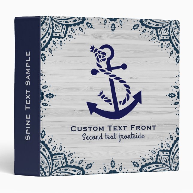 Classeur Chic Bleached Wood & Navy-Blue Boat Ancre (Devant/Côté)