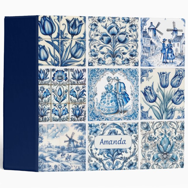 Classeur Chic Bleu blanc toile monogramme (Devant/Côté)