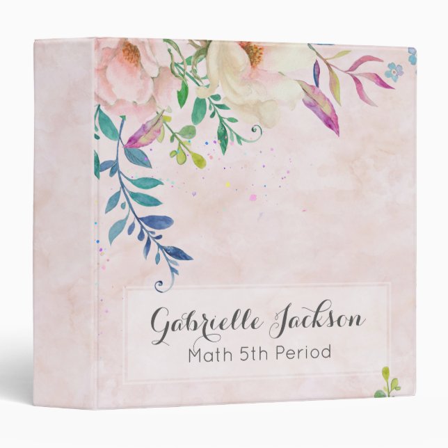 Classeur Chic Blush Aquarelle Florale Monogramme Texte pers (Devant/Côté)