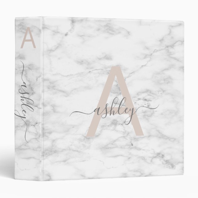 Classeur Chic Blush Pink White Marble Script Nom monogram (Devant/Côté)