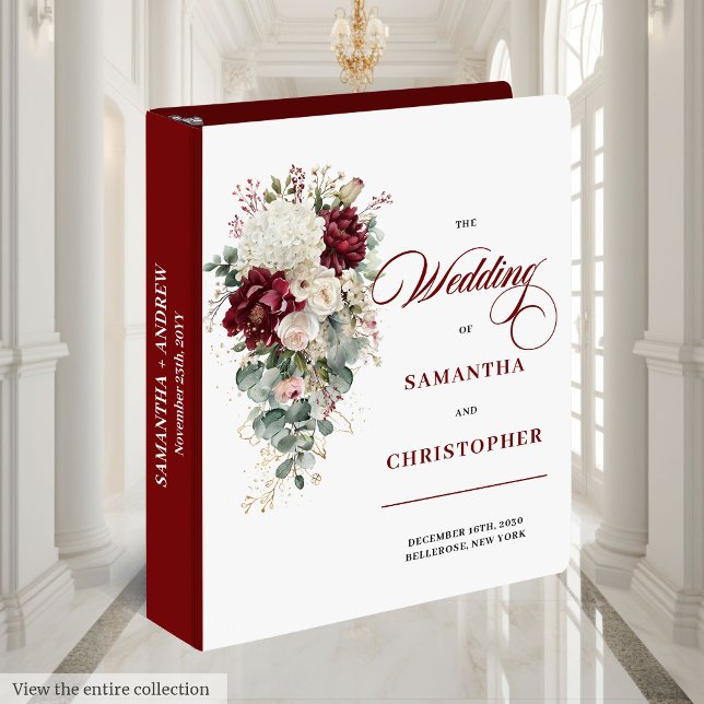 Classeur Chic Boho Bourgogne Rose blanche Mariage Keepsaké (Chic Boho Burgundy White Rose Wedding Keepsake 3 ring binder)