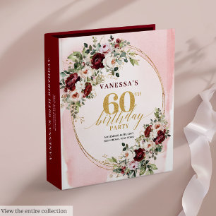 Classeur Chic Boho Rouge Foncé Or Fleurs Roses 60e Annivers