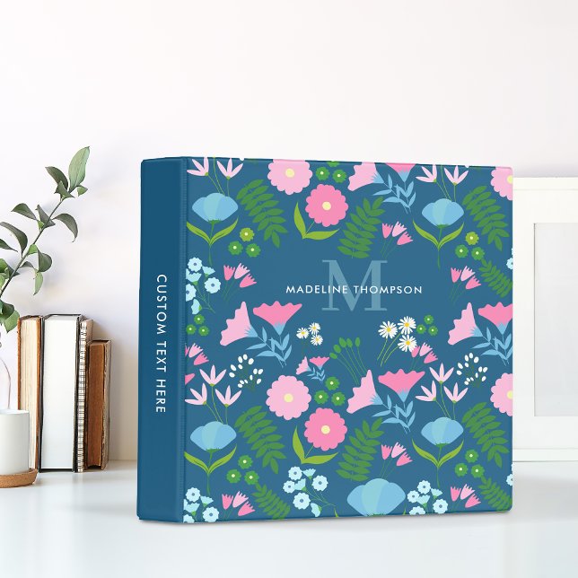 Classeur Chic Botanique Floral Élégant Marine bleu Monogram (Créateur téléchargé)